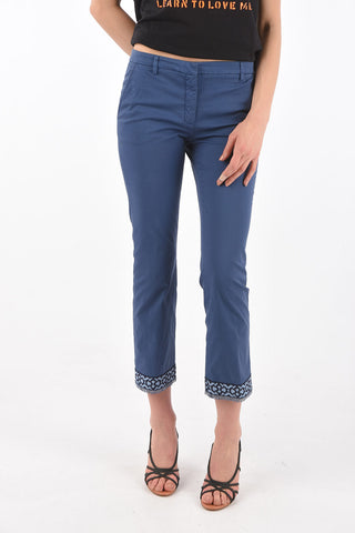stretch cotton pants with embroidery on the bottom