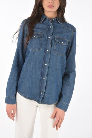 camicia in denim bottoni automatici e ricamo logo sul retro