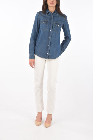 camicia in denim bottoni automatici e ricamo logo sul retro
