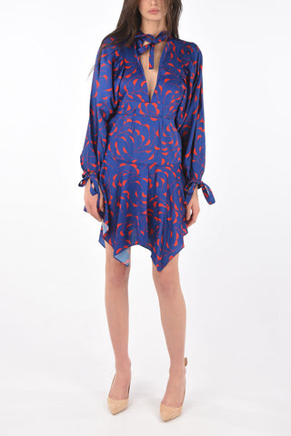 satin leg-o-mutton sleeve tie neck mini dress