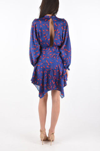 satin leg-o-mutton sleeve tie neck mini dress