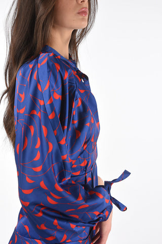 satin leg-o-mutton sleeve tie neck mini dress