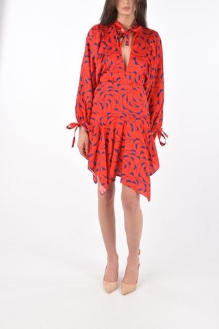 satin leg-o-mutton sleeve tie neck mini dress