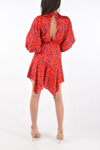 satin leg-o-mutton sleeve tie neck mini dress