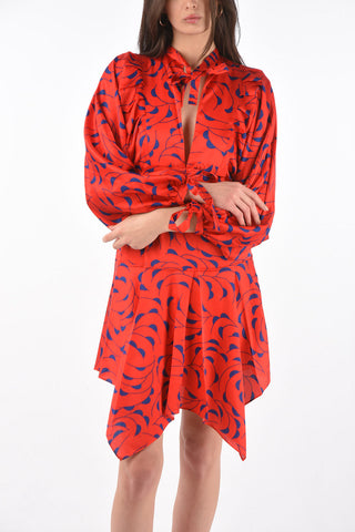 satin leg-o-mutton sleeve tie neck mini dress