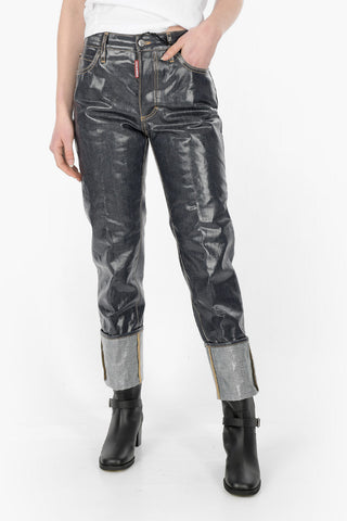 Jeans 5 Tasche in Denim Spalmato con Maxi Risvolto