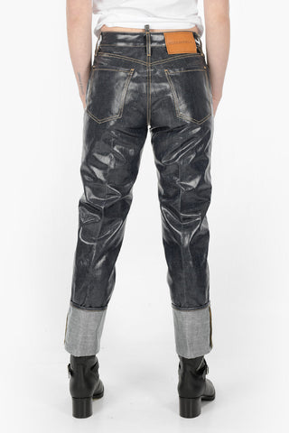 Jeans 5 Tasche in Denim Spalmato con Maxi Risvolto