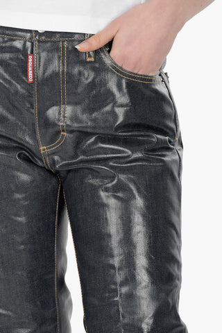 Jeans 5 Tasche in Denim Spalmato con Maxi Risvolto