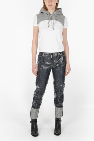Jeans 5 Tasche in Denim Spalmato con Maxi Risvolto
