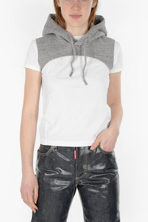 Hooded Cotton T-Shirt with Jersey Detail