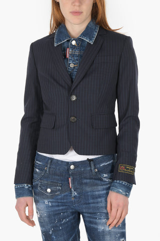 Single-breasted Pinstriped Blazer with Denim Detail