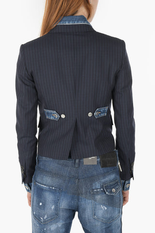Single-breasted Pinstriped Blazer with Denim Detail