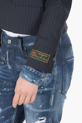 Single-breasted Pinstriped Blazer with Denim Detail