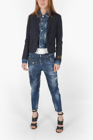 Single-breasted Pinstriped Blazer with Denim Detail