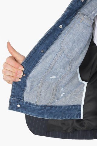 Single-breasted Pinstriped Blazer with Denim Detail