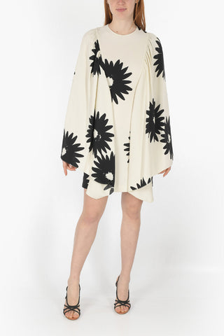 Vestito Midi con Motivo Floreale e Maniche a Mantella