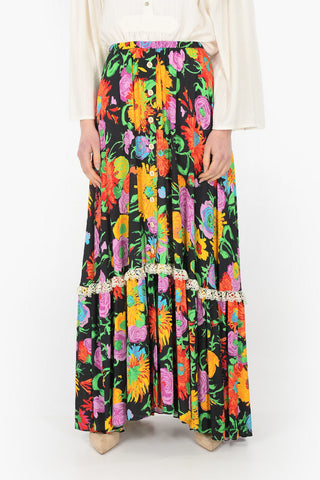Floral Patterned Long Gipsy Skirt with Buttons
