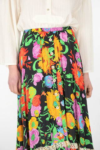 Floral Patterned Long Gipsy Skirt with Buttons