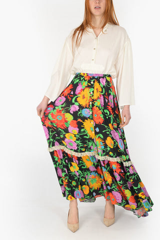 Floral Patterned Long Gipsy Skirt with Buttons