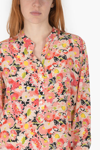 Camicia in Seta con Motivo Floreale e Collo Coreano