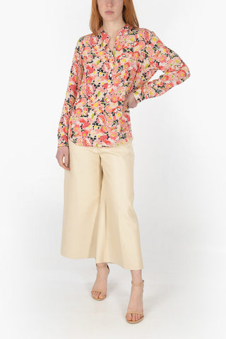 Camicia in Seta con Motivo Floreale e Collo Coreano