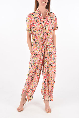 Floral Patterned Silk Shirt Jumpsuit