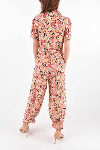 Floral Patterned Silk Shirt Jumpsuit