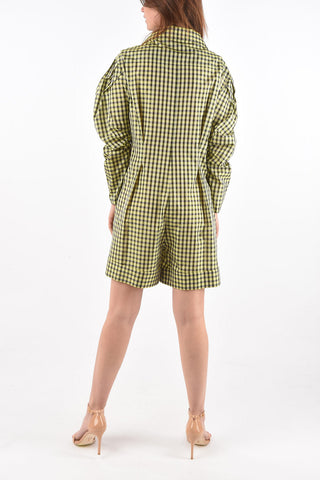 Long-sleeved Snap Button Gingham Jumpsuit