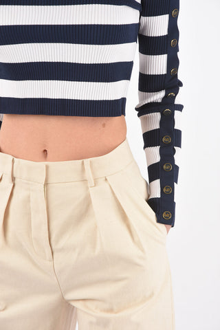 Sailor Striped Cropped Sweater with Buttons on the Sleeves