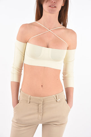 knit off-shoulder 3/4 sleeve crop top