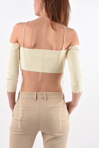 knit off-shoulder 3/4 sleeve crop top
