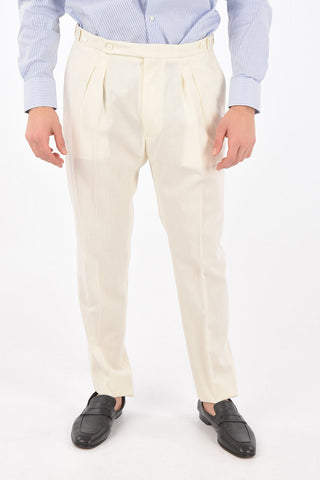 virgin wool and flax jetted pocket double pleat plain hem trousers