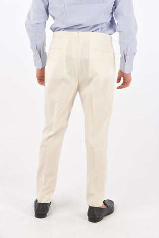 virgin wool and flax jetted pocket double pleat plain hem trousers