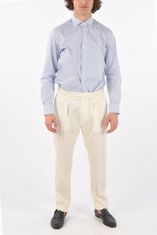 virgin wool and flax jetted pocket double pleat plain hem trousers