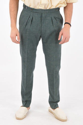 virgin wool and flax jetted pocket double pleat plain hem trousers