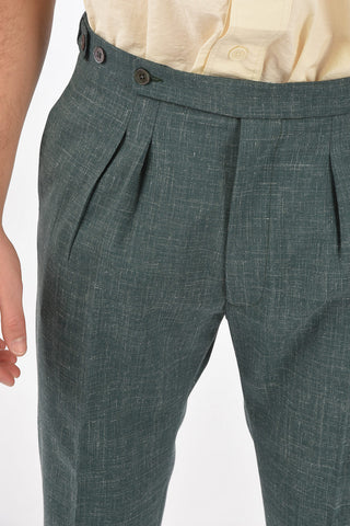 virgin wool and flax jetted pocket double pleat plain hem trousers
