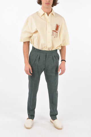 virgin wool and flax jetted pocket double pleat plain hem trousers