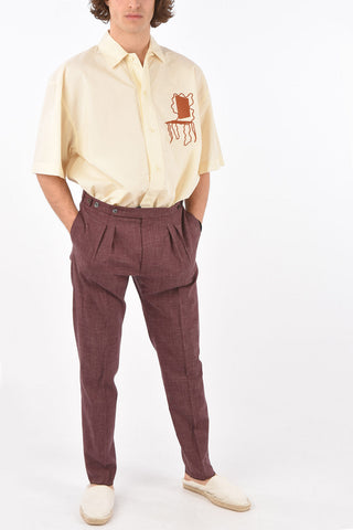 virgin wool and flax jetted pocket double pleat plain hem trousers