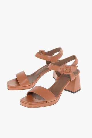 Ankle Strap Squared Heel Leather Sandals 7cm
