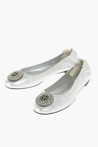 Metallized Leather Ballet Flats with Jewel Logo
