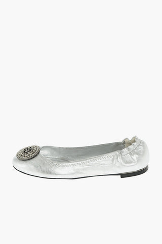 Metallized Leather Ballet Flats with Jewel Logo