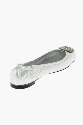 Metallized Leather Ballet Flats with Jewel Logo