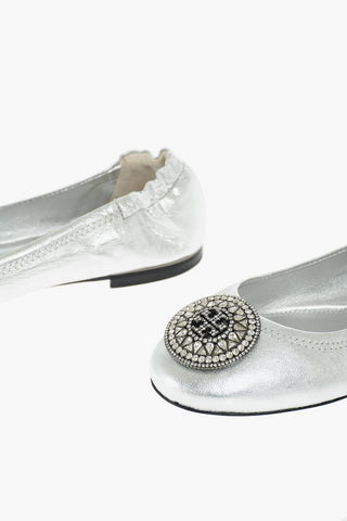 Metallized Leather Ballet Flats with Jewel Logo