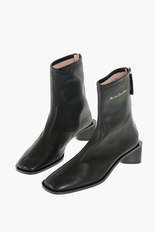Back Zipped Textured Leather Booties 4cm