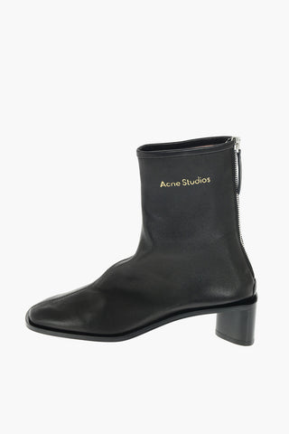 Back Zipped Textured Leather Booties 4cm