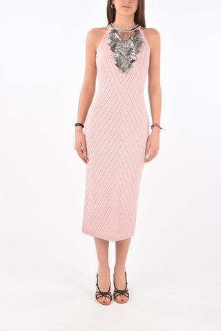 Vestito Midi in Tessuto Stretch con Collo Americano