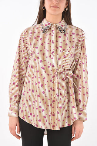 Camicia Gessata con Motivo Floreale e Collo Ricamato