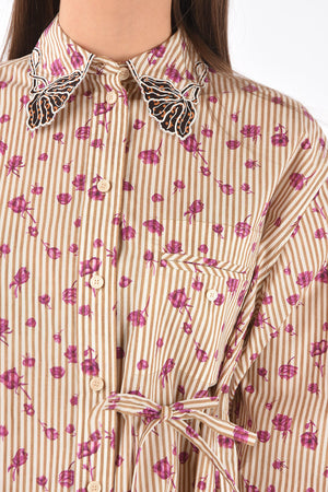 Camicia Gessata con Motivo Floreale e Collo Ricamato