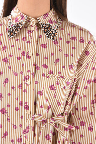 Camicia Gessata con Motivo Floreale e Collo Ricamato