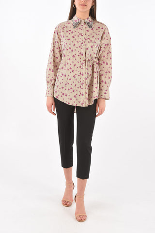 Camicia Gessata con Motivo Floreale e Collo Ricamato